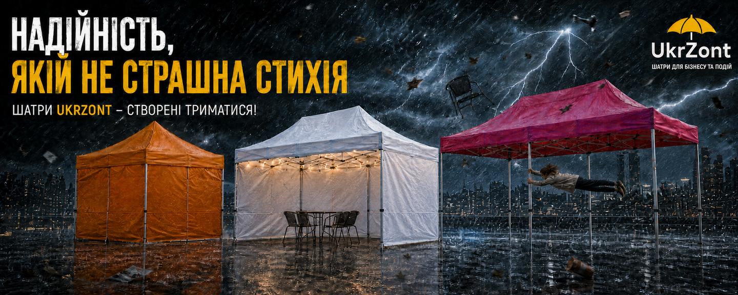 Помаранчевий, білий і рожевий намети UkrZont під зливою та сильним вітром